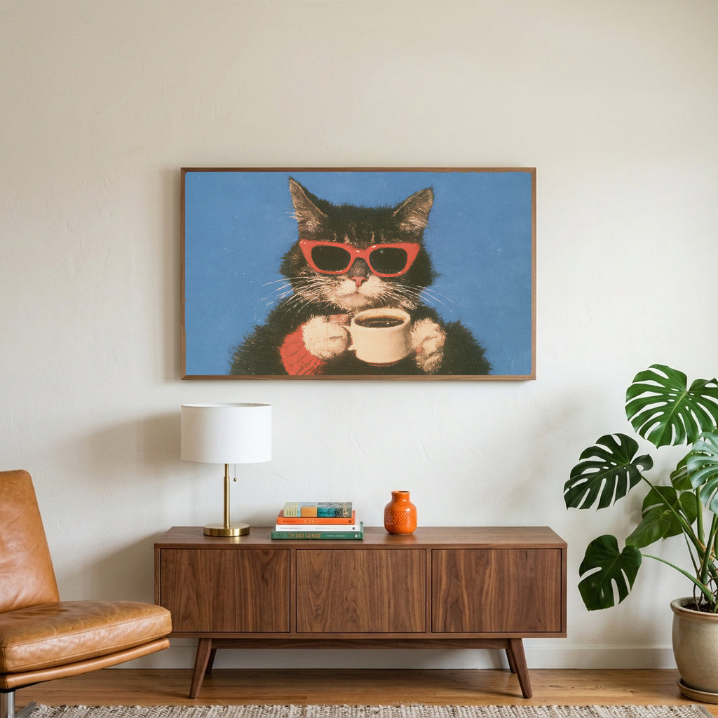 Coffee cat in sunglasses art on a TV above a walnut credenza with a brass lamp and a monstera plant