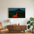 Woman running over green hills art on a TV above a walnut credenza with a brass lamp and a monstera plant