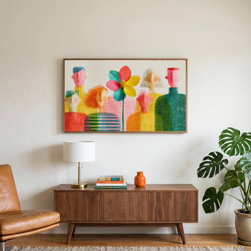 Faceless people and flower art on a TV above a walnut credenza with a brass lamp and a monstera plant