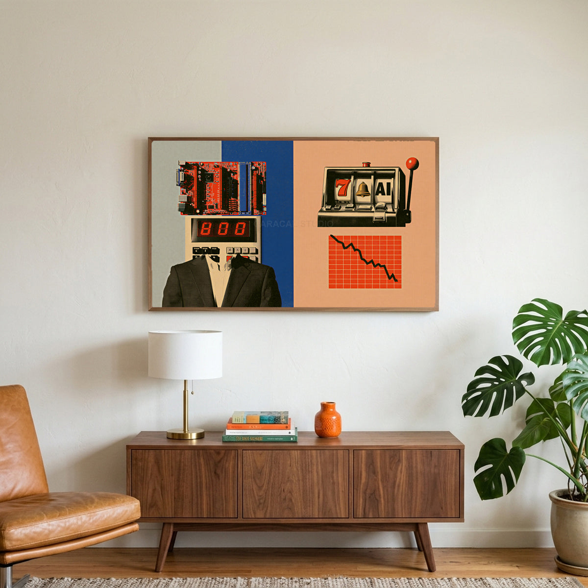 Calculator head collage art on a TV above a walnut credenza with a brass lamp and a monstera plant