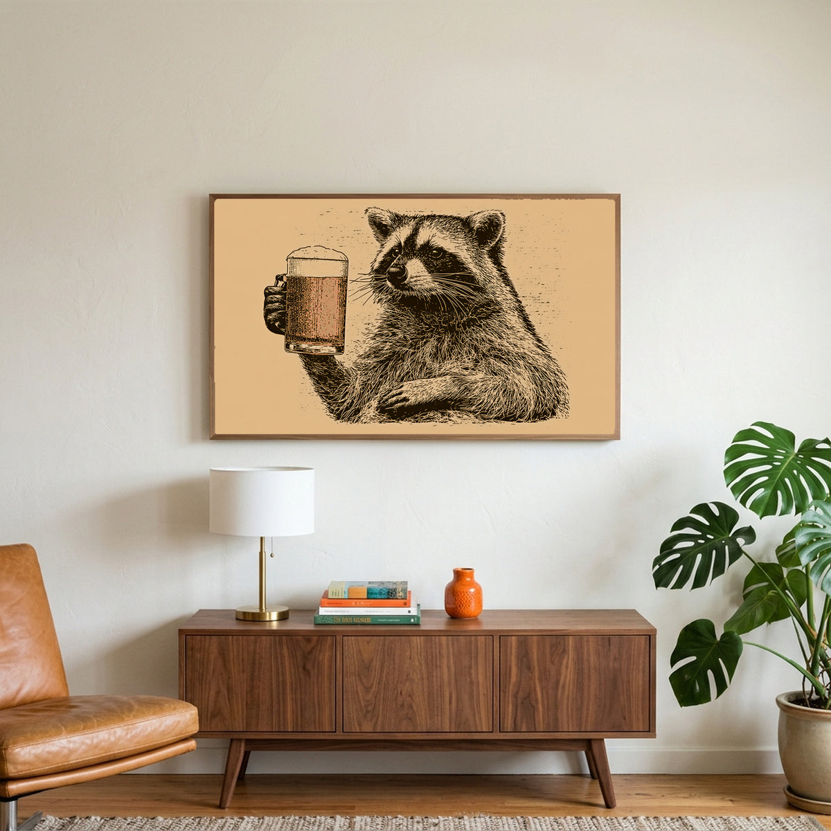 Beer raccoon art on a TV above a walnut credenza with a brass lamp and a monstera plant