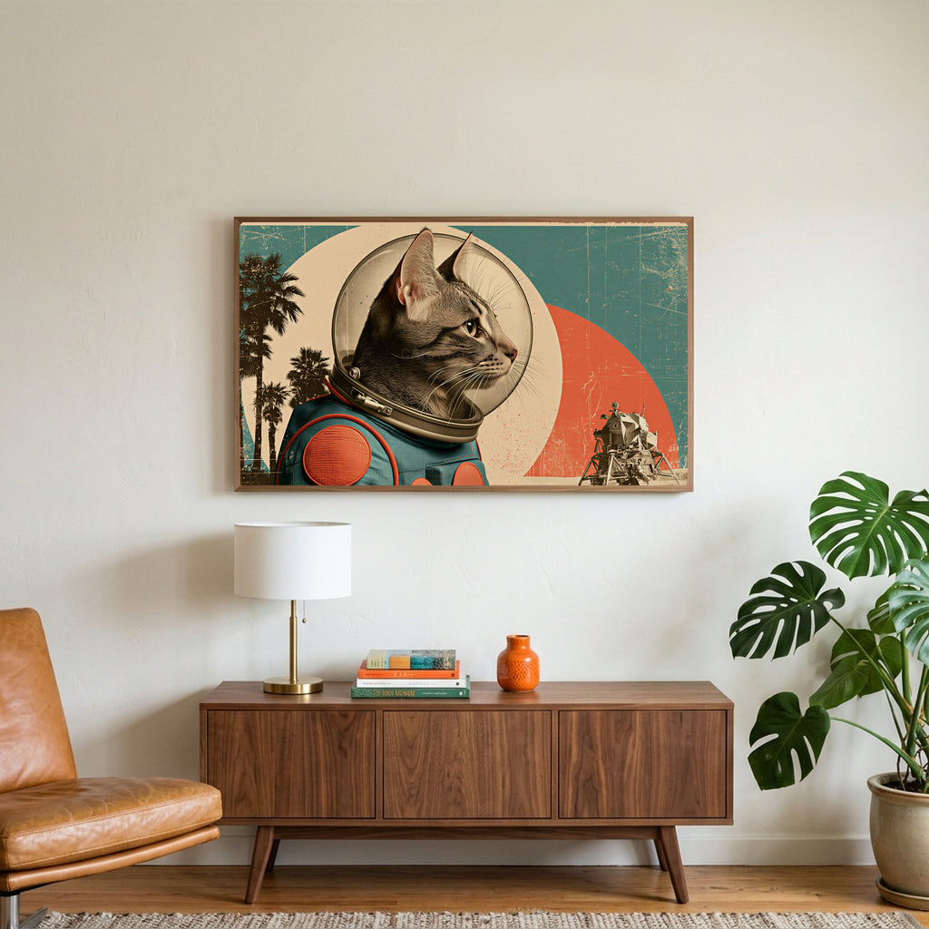 Vintage astronaut cat art on a TV above a walnut credenza with a brass lamp and a monstera plant