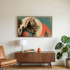 Vintage astronaut cat art on a TV above a walnut credenza with a brass lamp and a monstera plant
