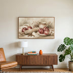 Farmhouse apples art on a TV above a walnut credenza with a brass lamp and a monstera plant