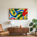 Colorful brushstroke loops art on a TV above a walnut credenza with a brass lamp and a monstera plant