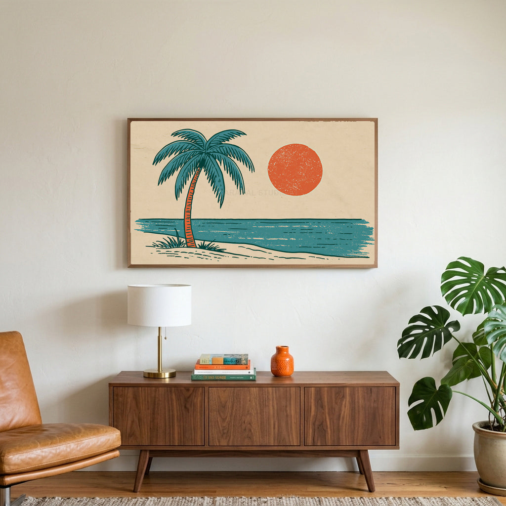 Retro palm tree art on a TV above a walnut credenza with a brass lamp and a monstera plant