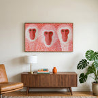 Snow monkeys with red dots art on a TV above a walnut credenza with a brass lamp and a monstera plant