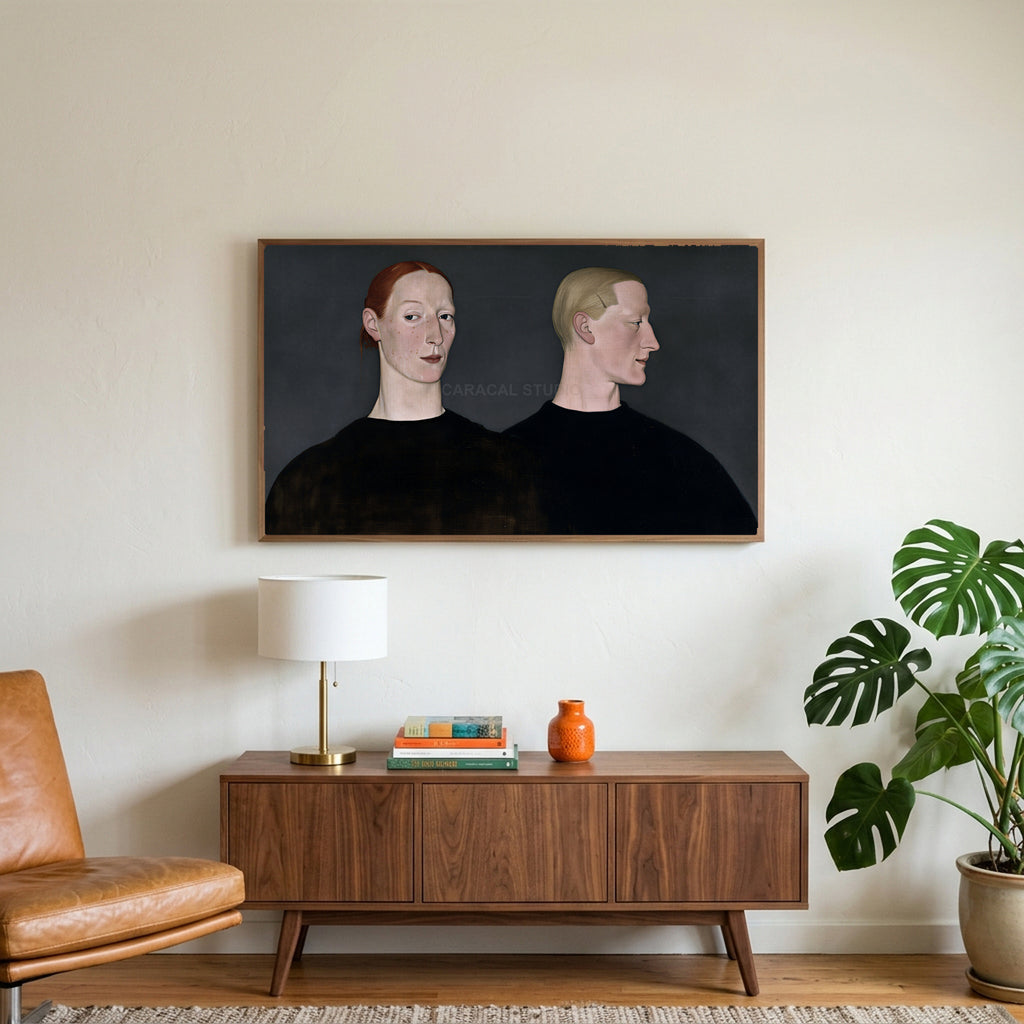 Two women portrait art on a TV above a walnut credenza with a brass lamp and a monstera plant