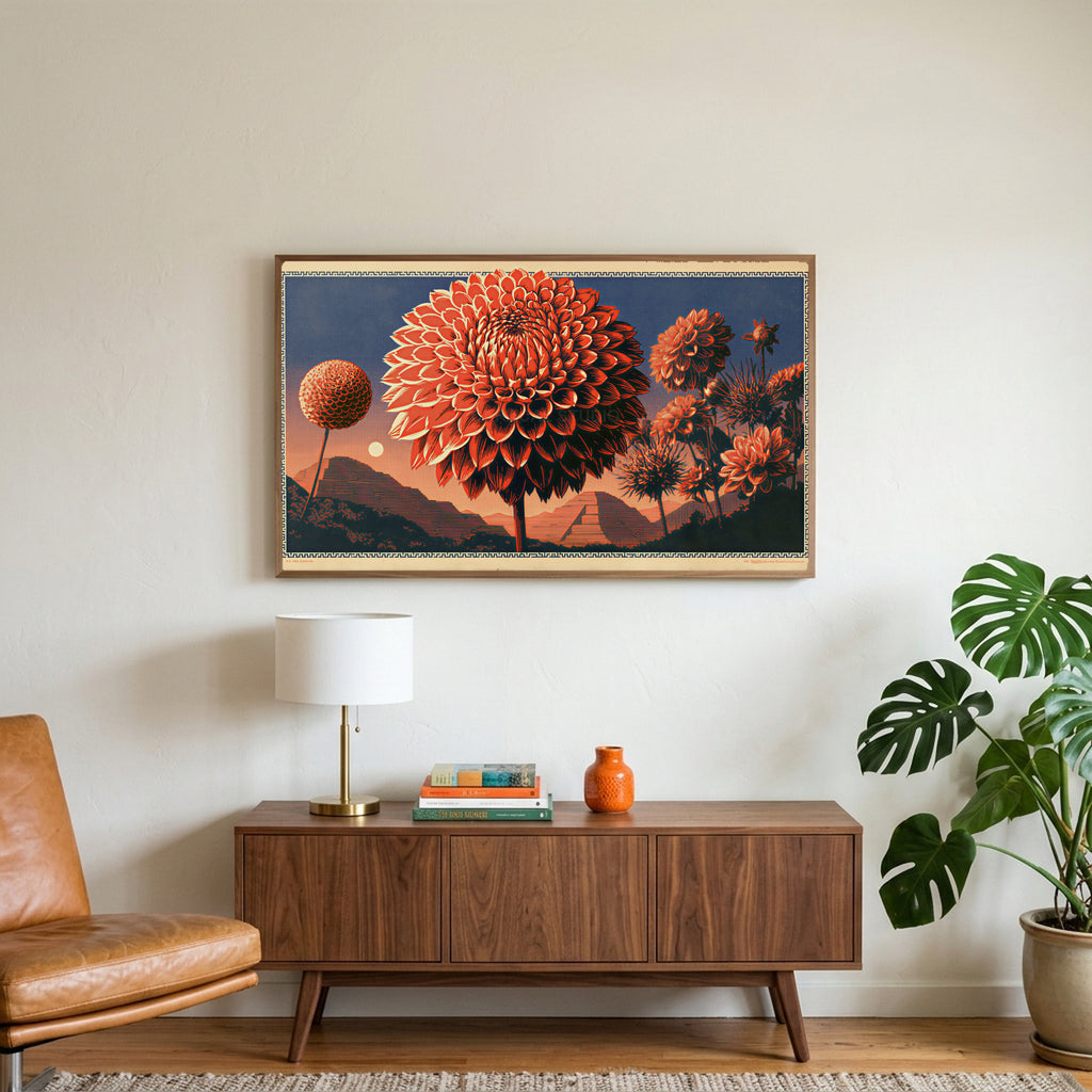 Retro dahlia art on a TV above a walnut credenza with a brass lamp and a monstera plant