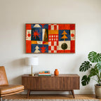 Folk art patchwork art on a TV above a walnut credenza with a brass lamp and a monstera plant