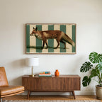 Red fox art on a TV above a walnut credenza with a brass lamp and a monstera plant