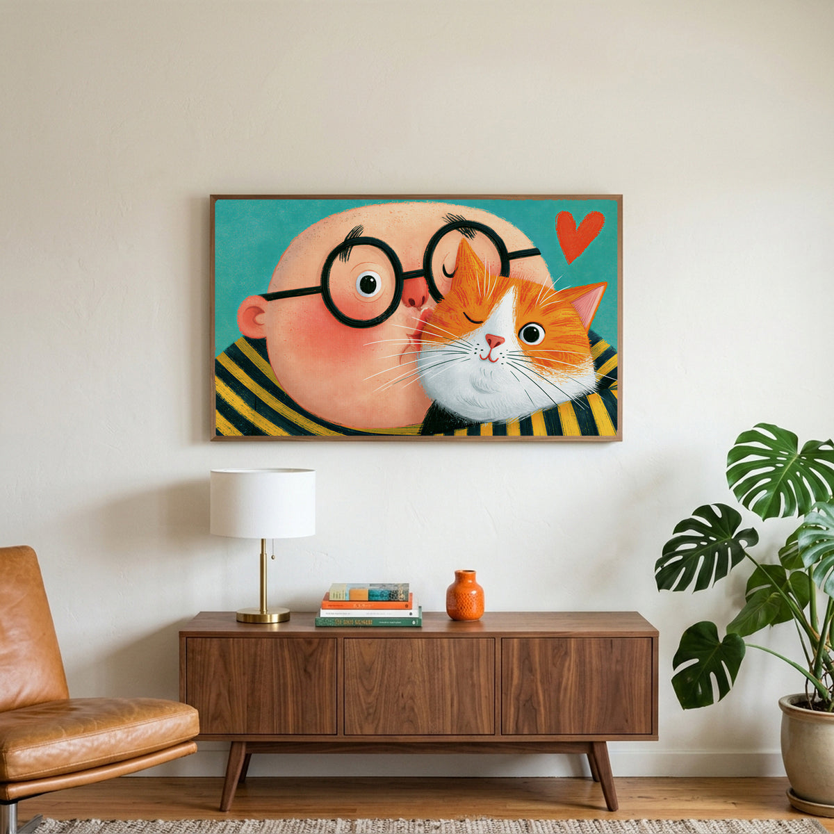 Man with his ginger cat art on a TV above a walnut credenza with a brass lamp and a monstera plant
