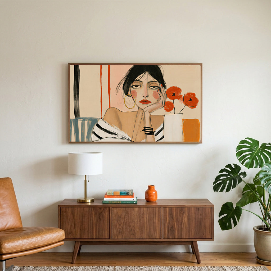 Woman with poppies portrait art on a TV above a walnut credenza with a brass lamp and a monstera plant