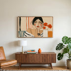 Woman with poppies portrait art on a TV above a walnut credenza with a brass lamp and a monstera plant