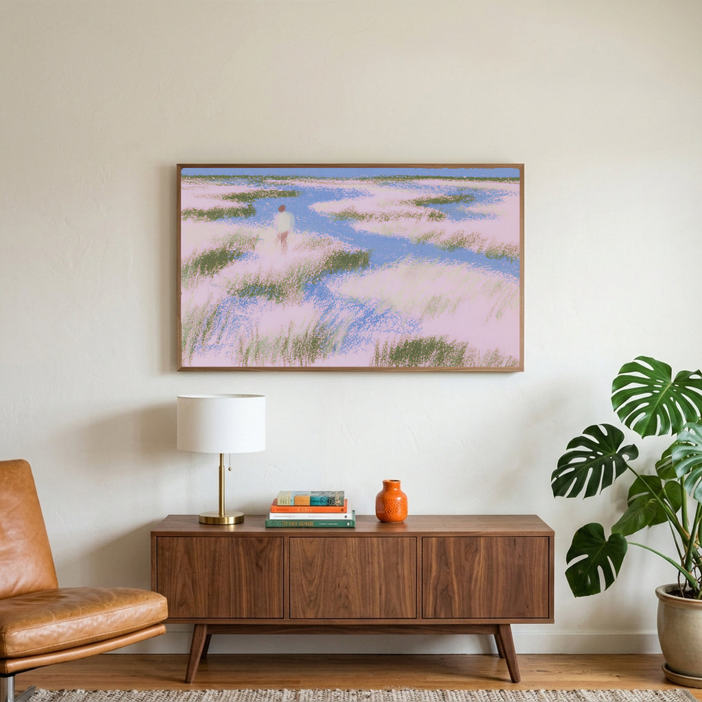 Pastel wetland walker art on a TV above a walnut credenza with a brass lamp and a monstera plant
