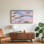 Pastel wetland walker art on a TV above a walnut credenza with a brass lamp and a monstera plant