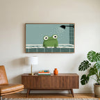 Frog in the shower art on a TV above a walnut credenza with a brass lamp and a monstera plant