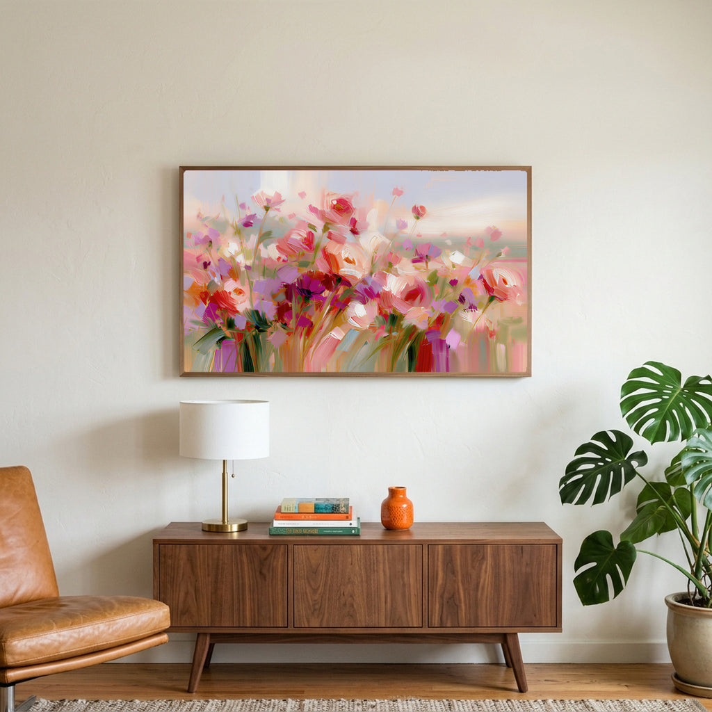 Pink wildflower meadow art on a TV above a walnut credenza with a brass lamp and a monstera plant