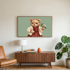 Teddy bear art on a TV above a walnut credenza with a brass lamp and a monstera plant