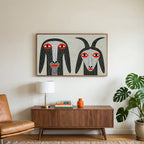 Folk art goats art on a TV above a walnut credenza with a brass lamp and a monstera plant