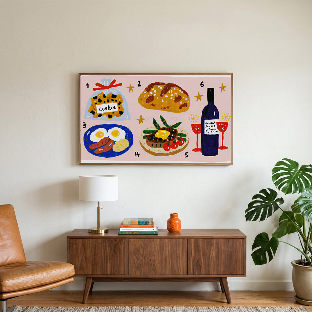 Food and wine doodles art on a TV above a walnut credenza with a brass lamp and a monstera plant