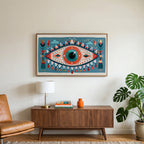 Folk art mystic eye art on a TV above a walnut credenza with a brass lamp and a monstera plant