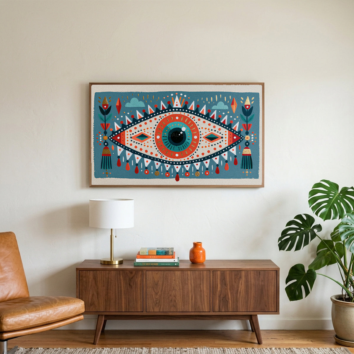 Folk art mystic eye art on a TV above a walnut credenza with a brass lamp and a monstera plant