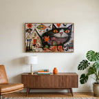 Grinning black cat art on a TV above a walnut credenza with a brass lamp and a monstera plant