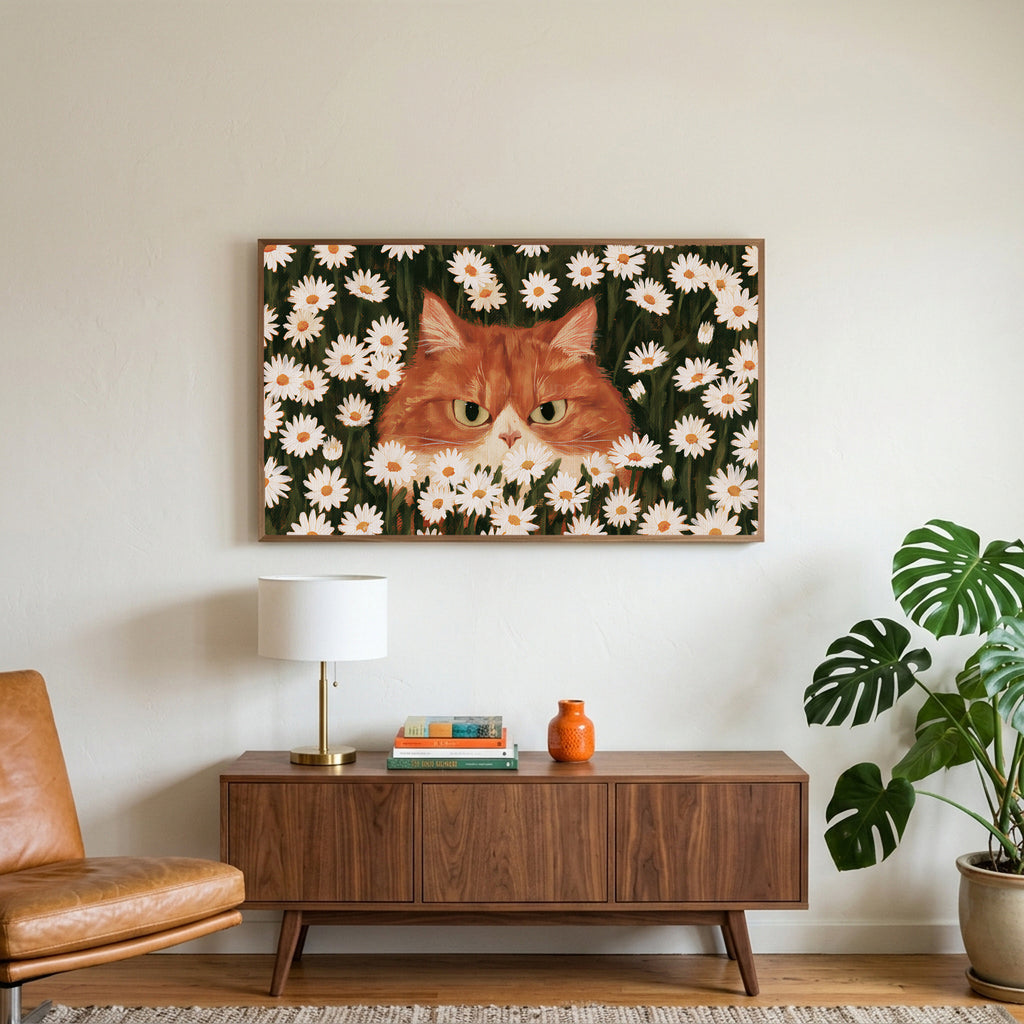 Ginger cat in daisies art on a TV above a walnut credenza with a brass lamp and a monstera plant