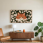 Ginger cat in daisies art on a TV above a walnut credenza with a brass lamp and a monstera plant