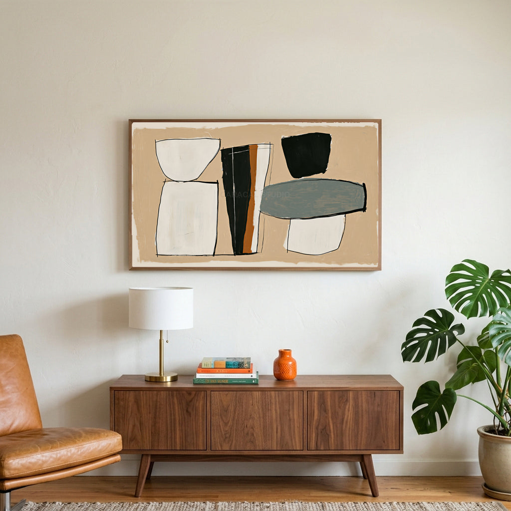 Mid century abstract shapes art on a TV above a walnut credenza with a brass lamp and a monstera plant