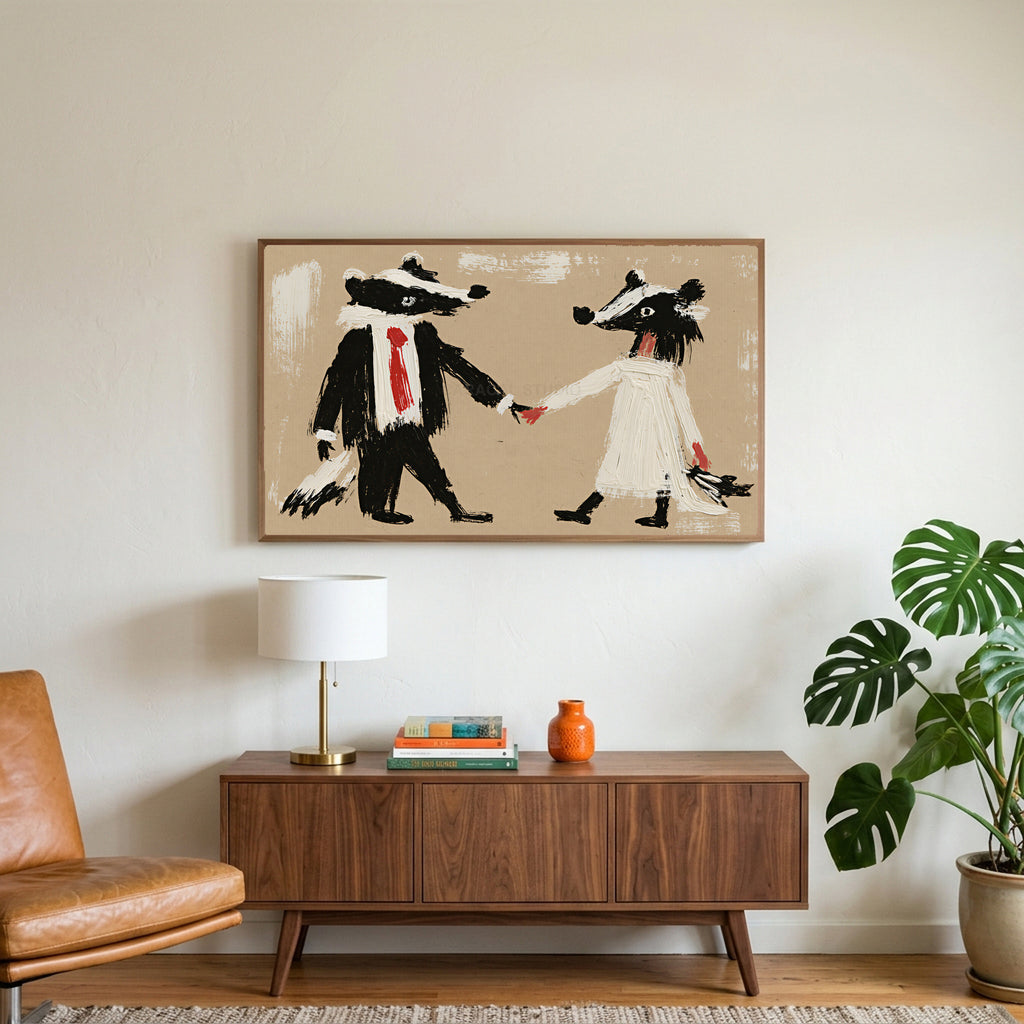 Badger bride and groom art on a TV above a walnut credenza with a brass lamp and a monstera plant