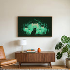 Black cat UFO art on a TV above a walnut credenza with a brass lamp and a monstera plant