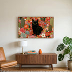 Black cat in a flower garden art on a TV above a walnut credenza with a brass lamp and a monstera plant