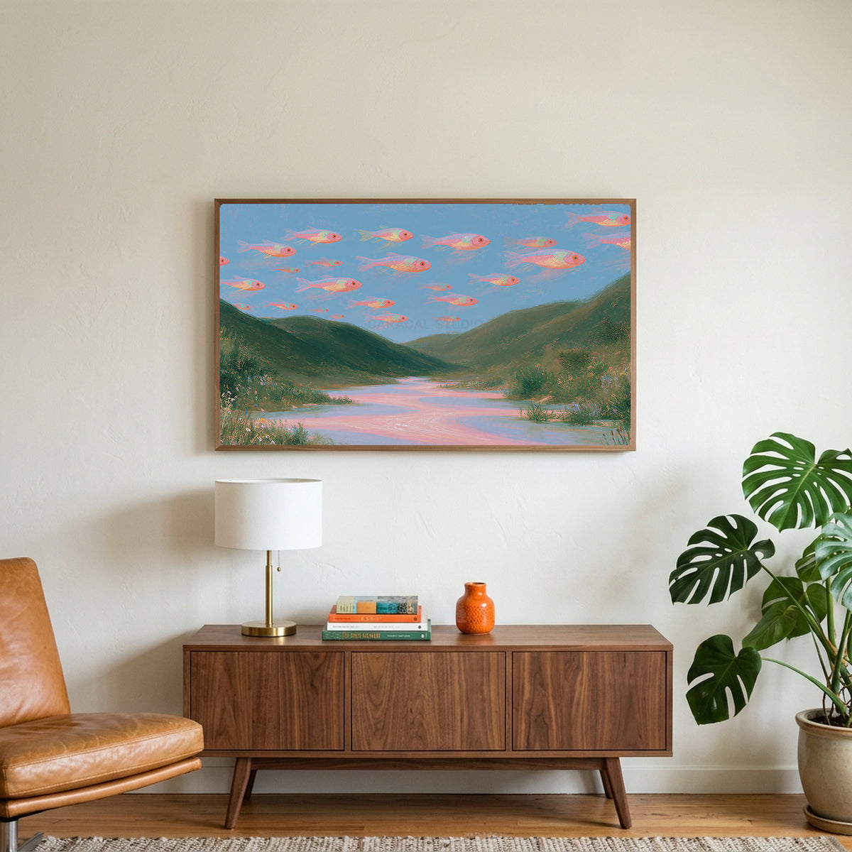 Flying fish art on a TV above a walnut credenza with a brass lamp and a monstera plant