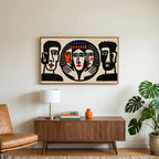 Linocut faces art on a TV above a walnut credenza with a brass lamp and a monstera plant