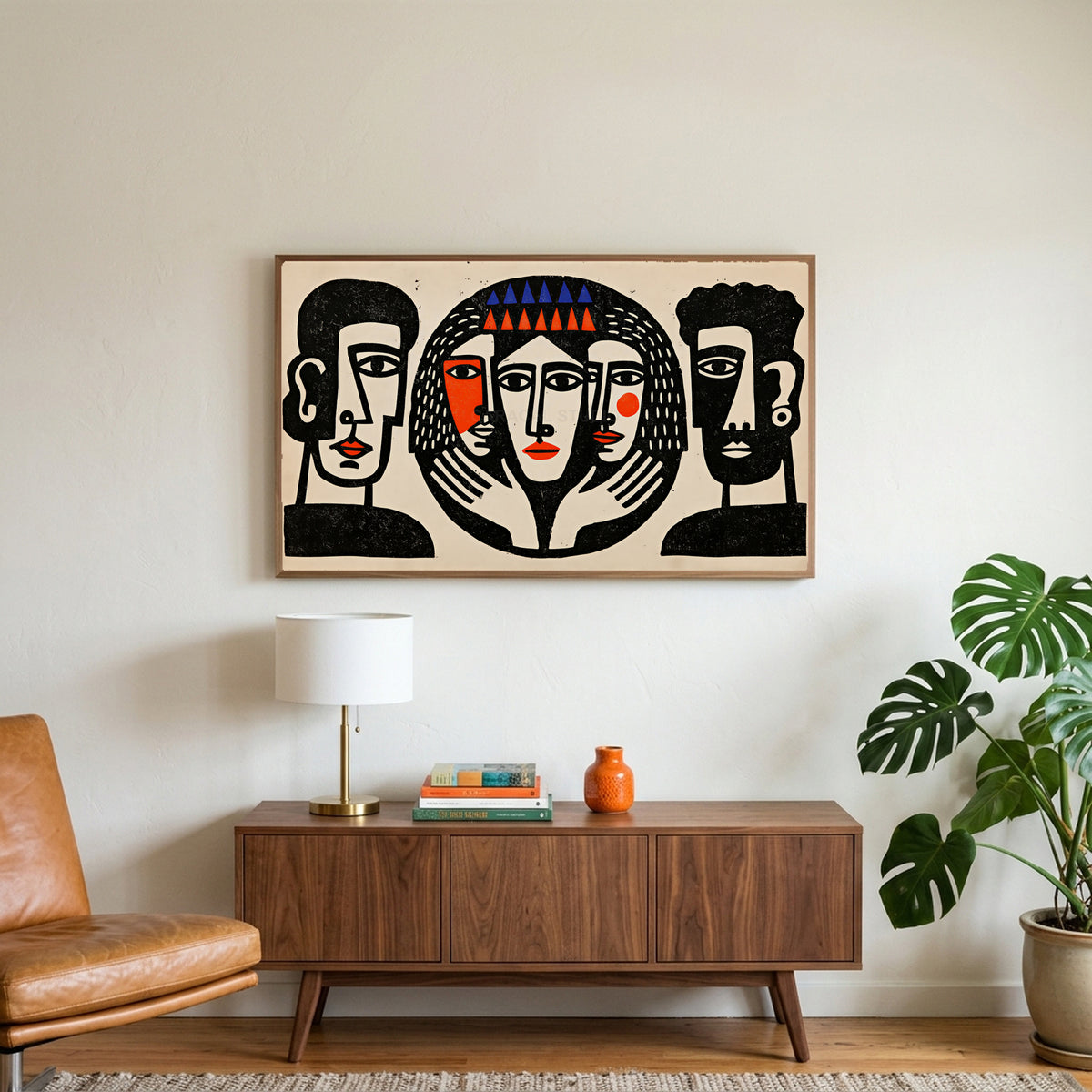 Linocut faces art on a TV above a walnut credenza with a brass lamp and a monstera plant