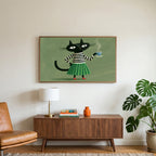 Black cat with a cup of tea art on a TV above a walnut credenza with a brass lamp and a monstera plant