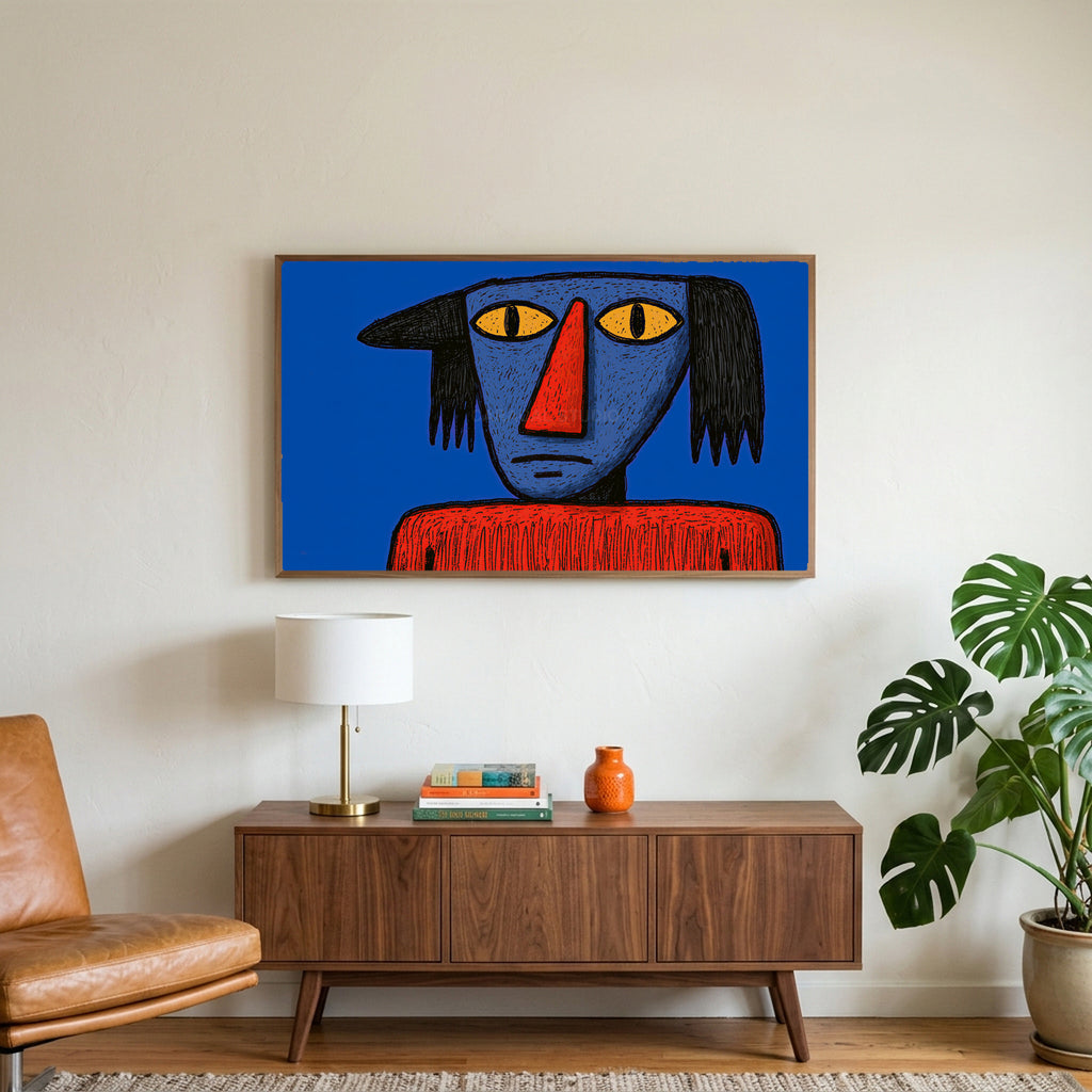Grumpy naive portrait art on a TV above a walnut credenza with a brass lamp and a monstera plant