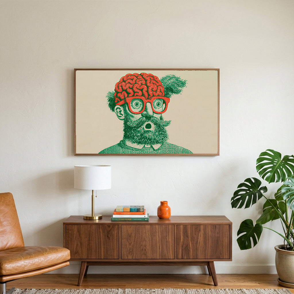 Brain and glasses portrait art on a TV above a walnut credenza with a brass lamp and a monstera plant