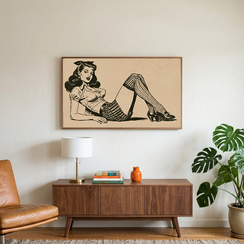 Vintage pin-up drawing art on a TV above a walnut credenza with a brass lamp and a monstera plant