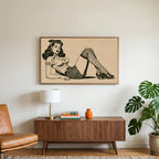 Vintage pin-up drawing art on a TV above a walnut credenza with a brass lamp and a monstera plant