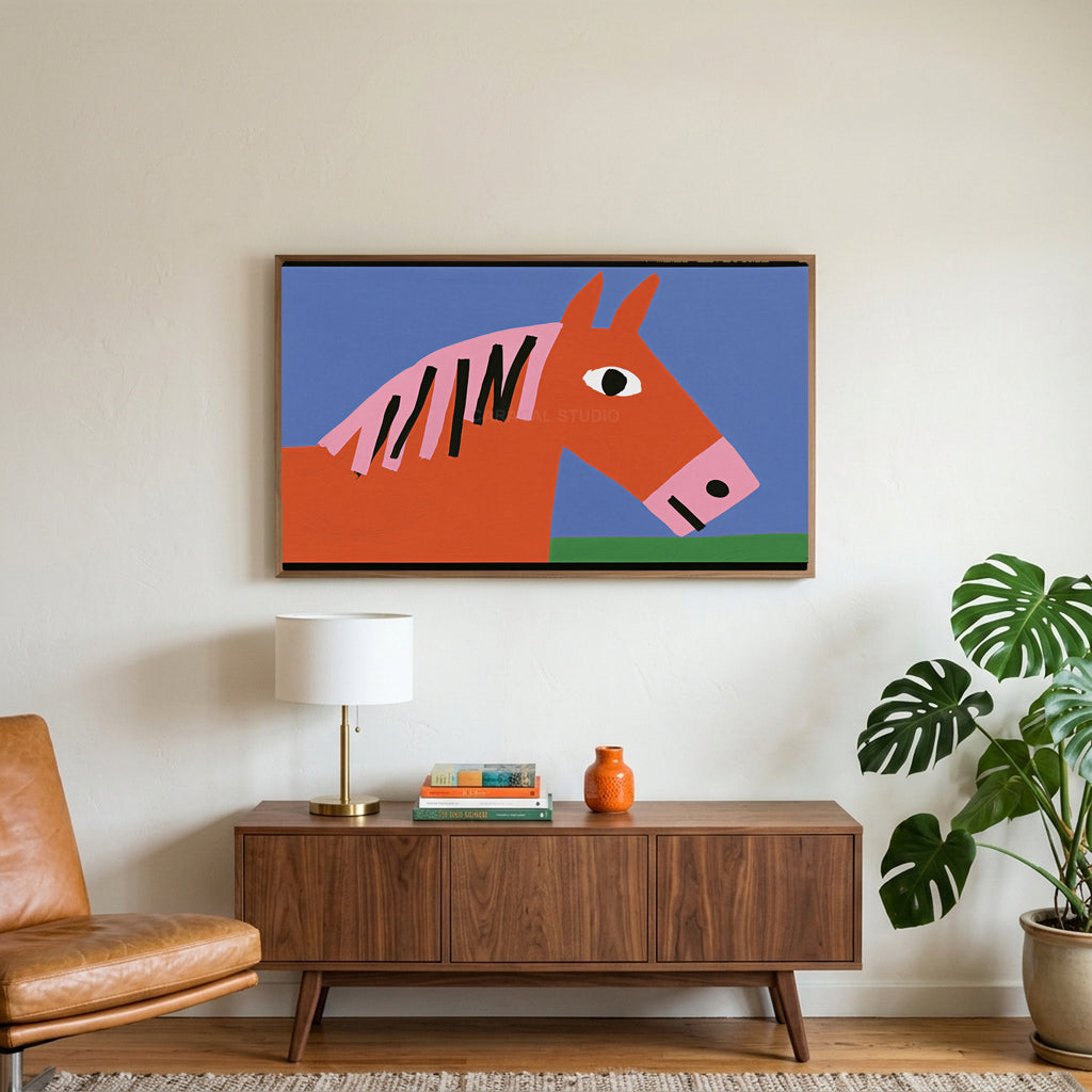 Naive horse art on a TV above a walnut credenza with a brass lamp and a monstera plant
