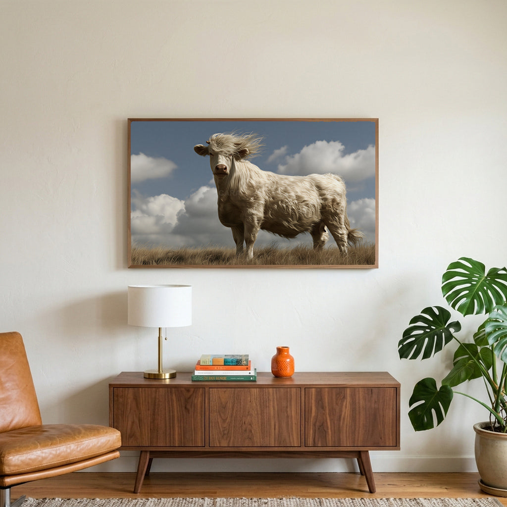 Windswept cow art on a TV above a walnut credenza with a brass lamp and a monstera plant