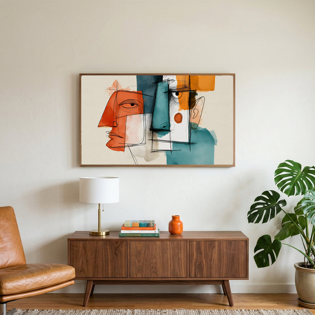 Cubist faces art on a TV above a walnut credenza with a brass lamp and a monstera plant