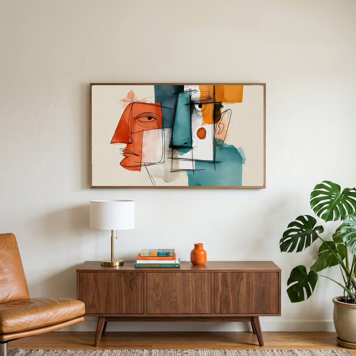 Cubist faces art on a TV above a walnut credenza with a brass lamp and a monstera plant