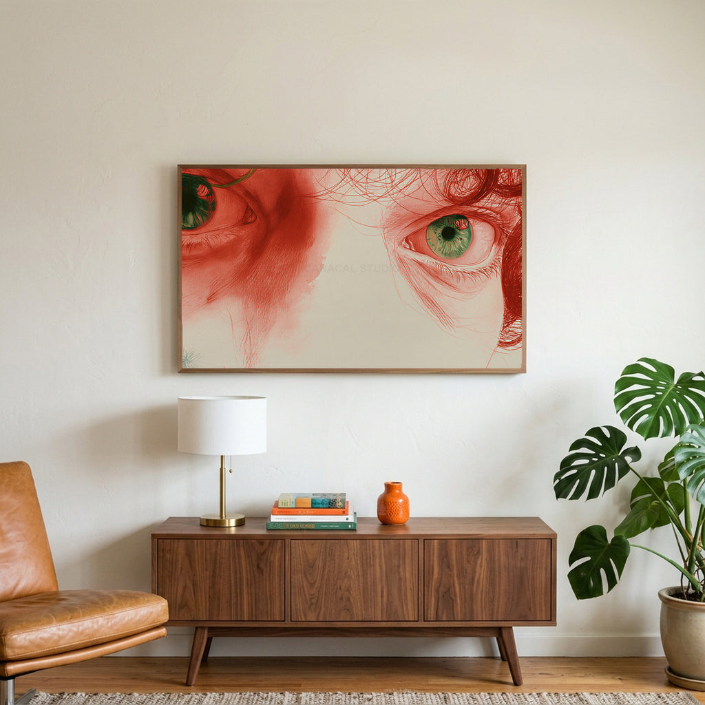 Red pencil eyes art on a TV above a walnut credenza with a brass lamp and a monstera plant