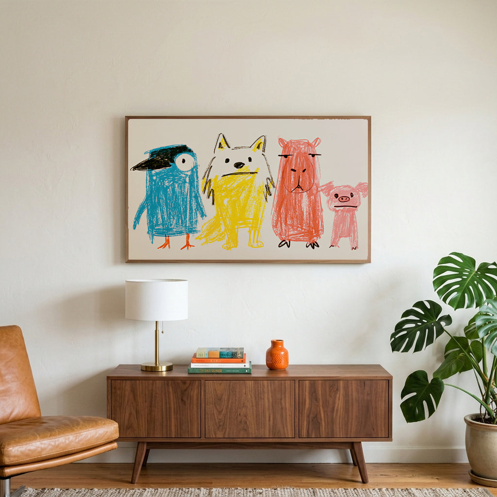 Crayon animals art on a TV above a walnut credenza with a brass lamp and a monstera plant