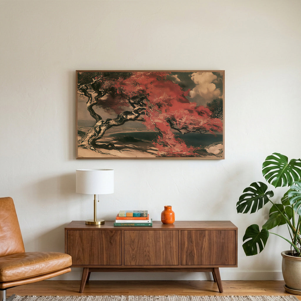 Japanese tree landscape art on a TV above a walnut credenza with a brass lamp and a monstera plant