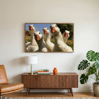 Curious white geese art on a TV above a walnut credenza with a brass lamp and a monstera plant